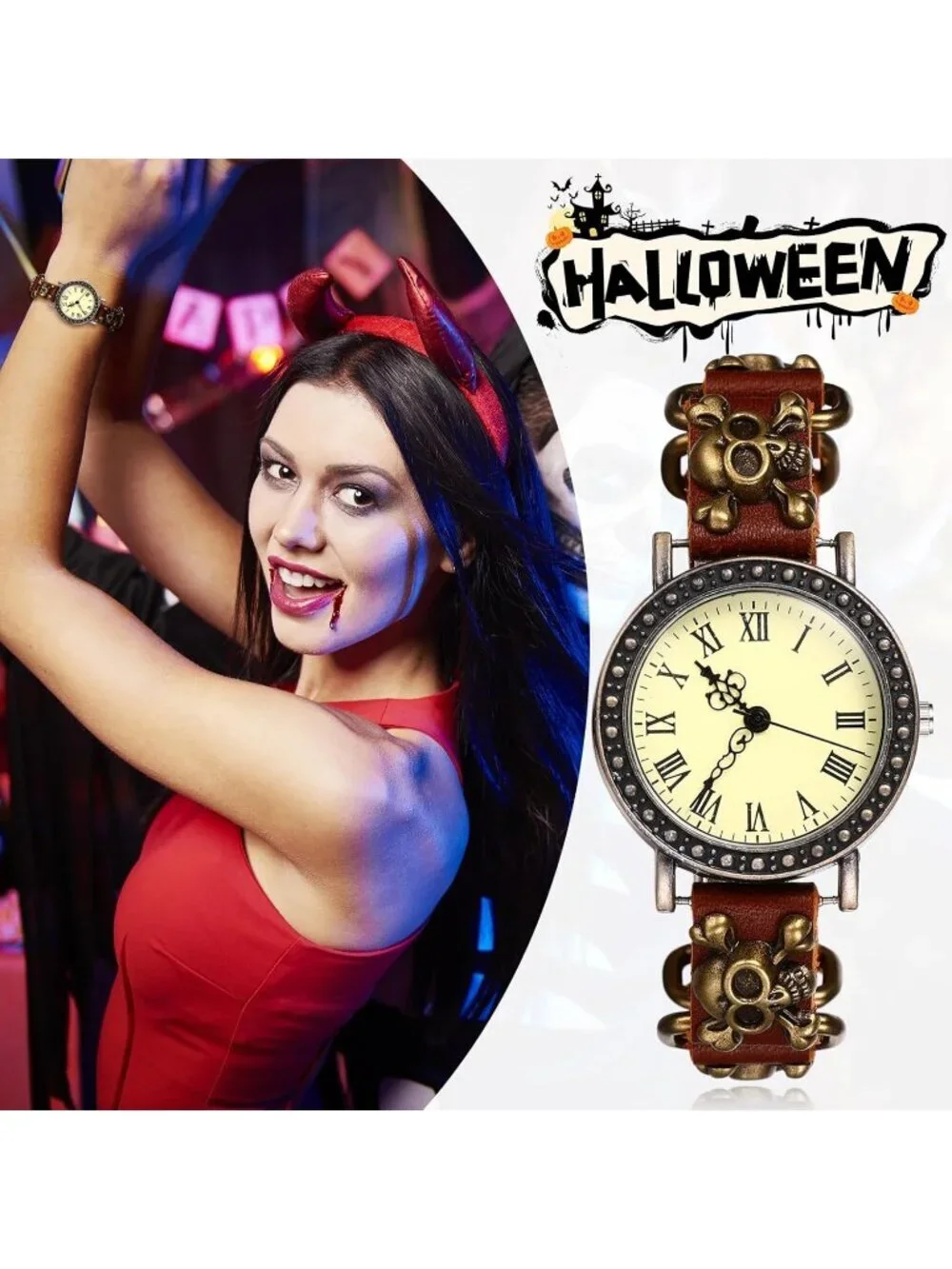 Unisex Brown Analog Quartz Wide Leather Strap Band Skull Vintage Wrist Watch
